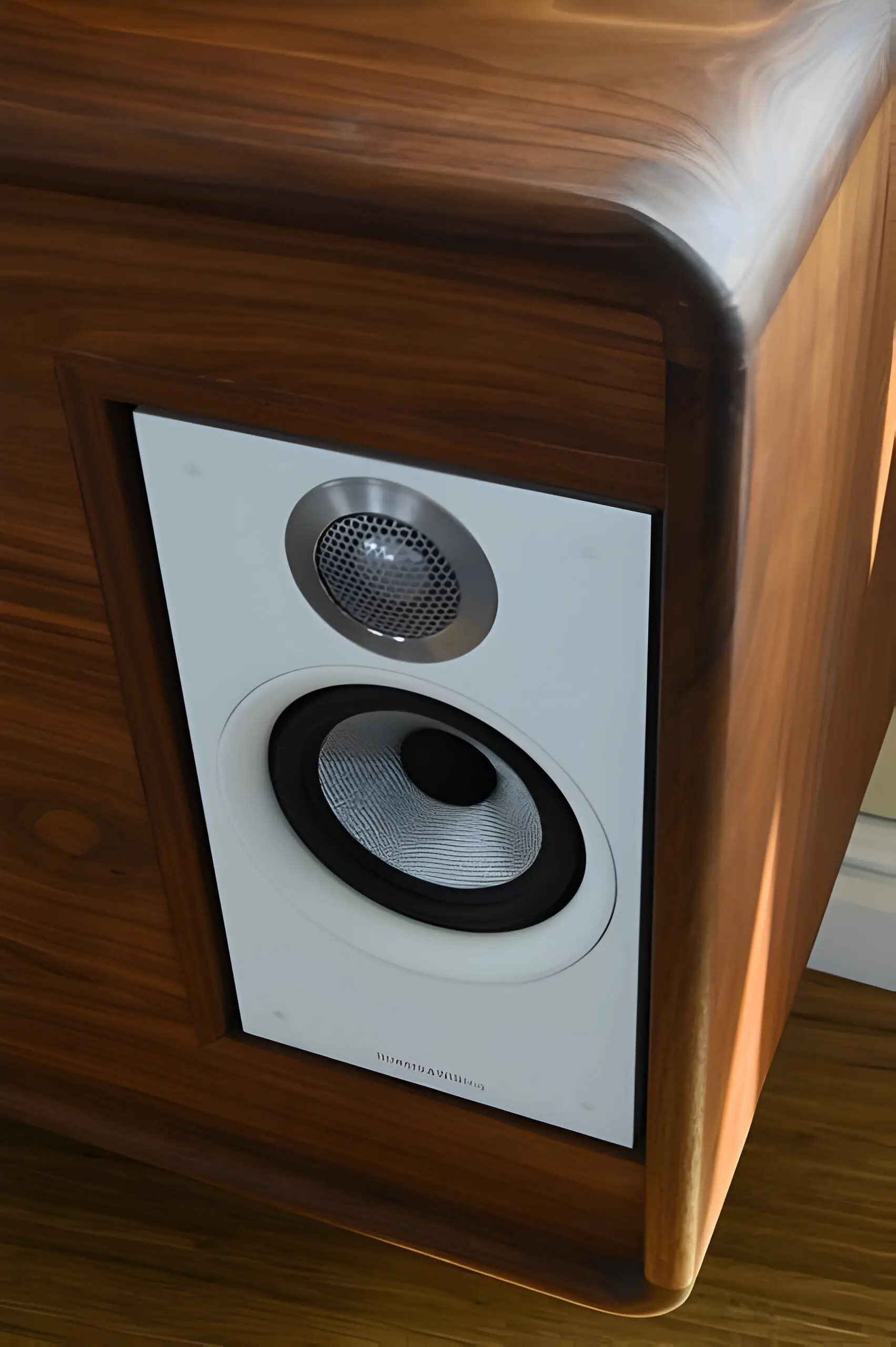 Detail van ingebouwde luidspreker in walnoot tv-meubel | Speaker in massieve afgeronde hoek